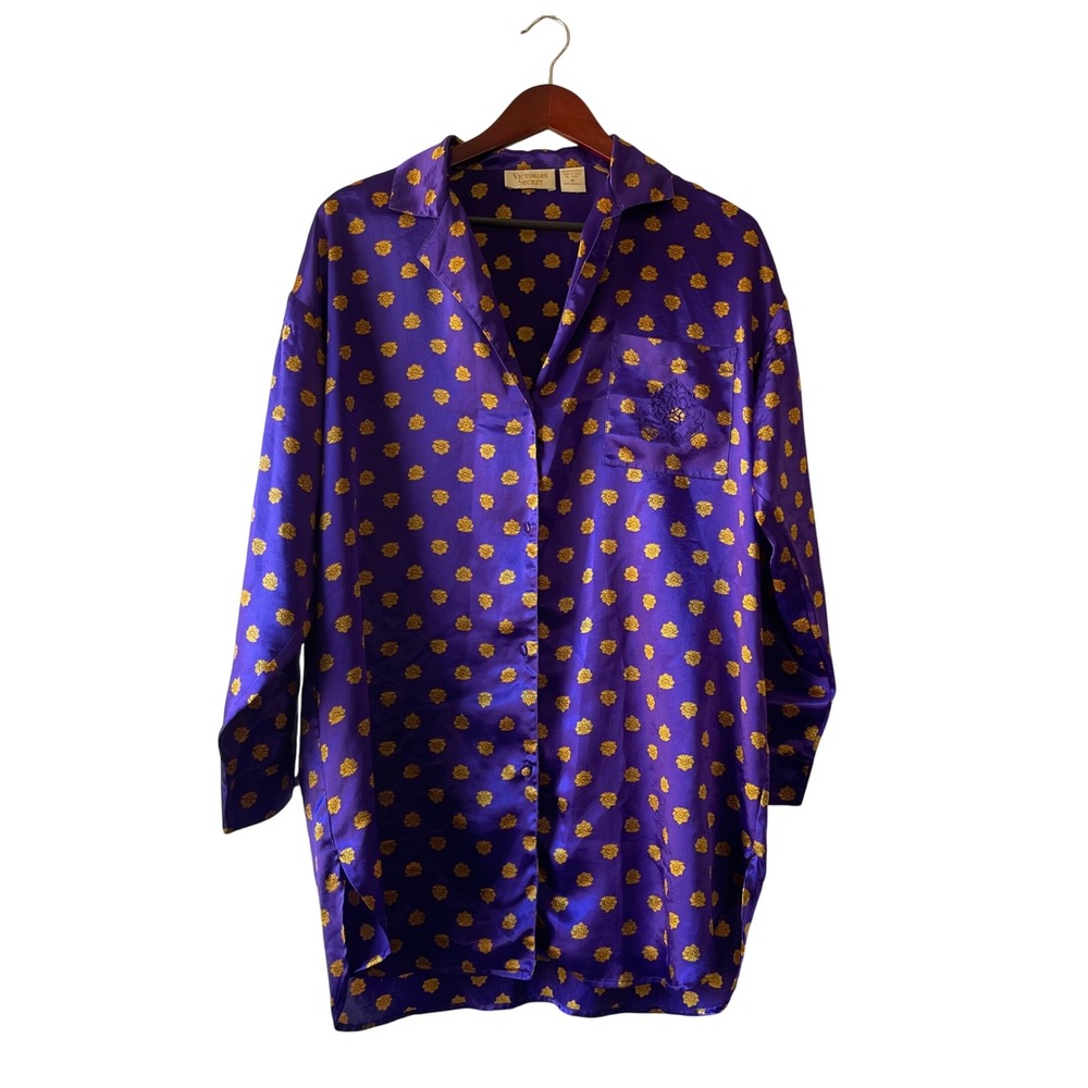Vintage Victoria's Secret gold label‎ Purple Gold print Satin Sleep Shirt Medium